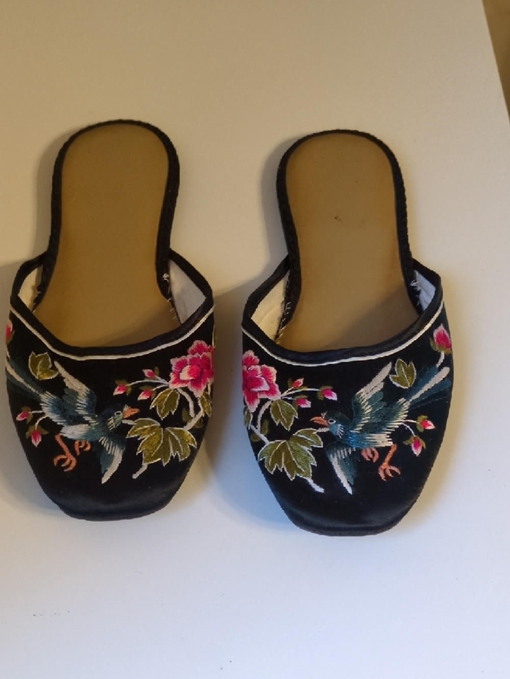 Embroidered Black Satin Slip-On with Bird & Floral Motif